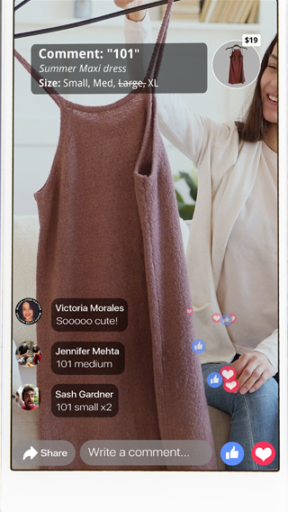 Live commerce screen with comment overlay